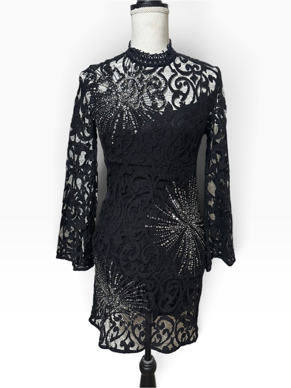 Free People Black Lace Long-Sleeve Beaded Mini Dress